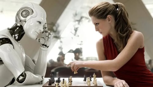 A woman engaged in a chess match against an artificial intelligence