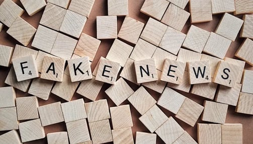 Fake news spelled out with wooden blocks.
